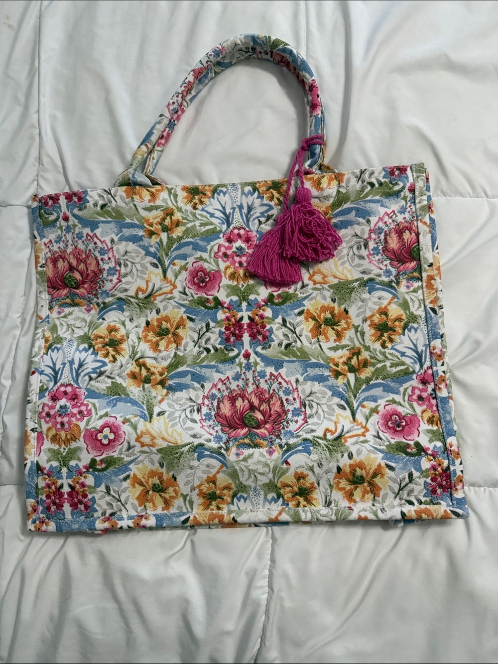 Floral Canvas Tote Bag with Pink Tassel